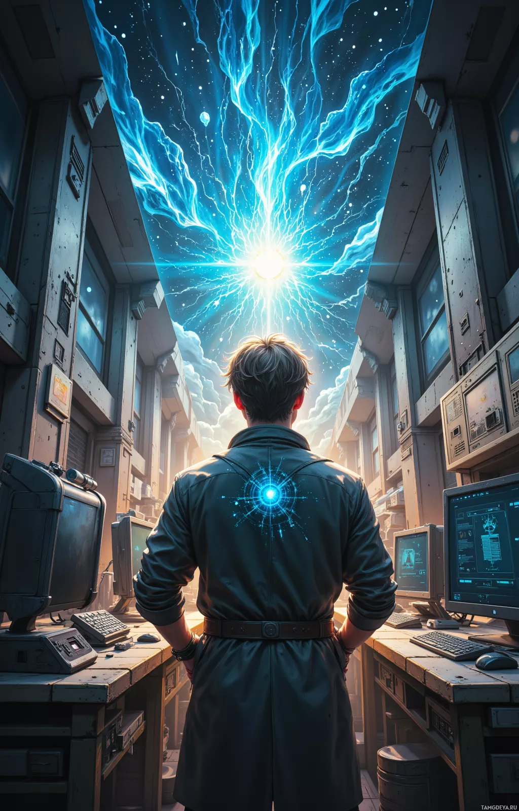 A person stands in a dimly lit room with glowing blue energy emanating from the ceiling.