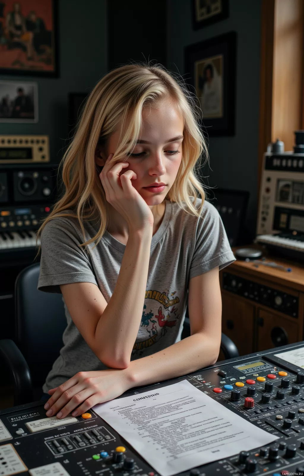 A person is seated at a mixing console in a studio, with a document and control panel in front of them.