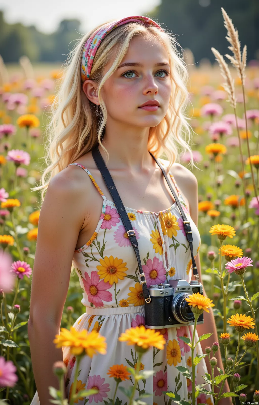 A young woman in a floral dress stands in a field of flowers, holding a camera.