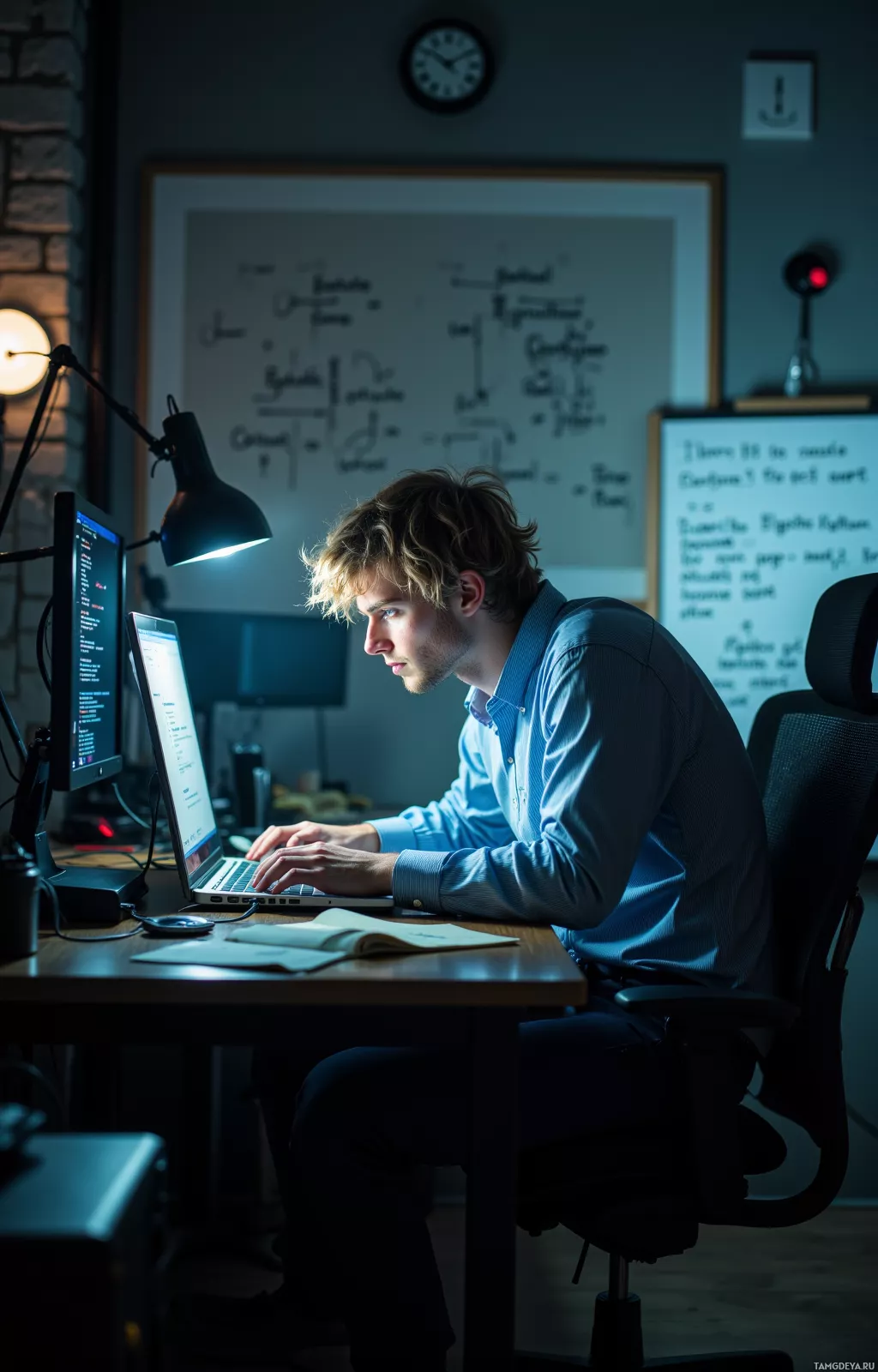 A person is working at a desk with a laptop and multiple monitors, illuminated by a desk lamp.
