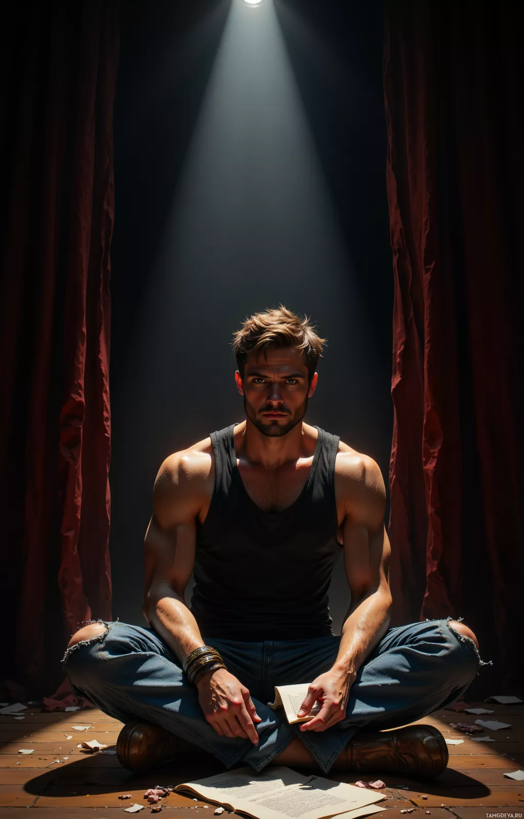 A man sits cross-legged on the floor, illuminated by a spotlight, holding an open book.