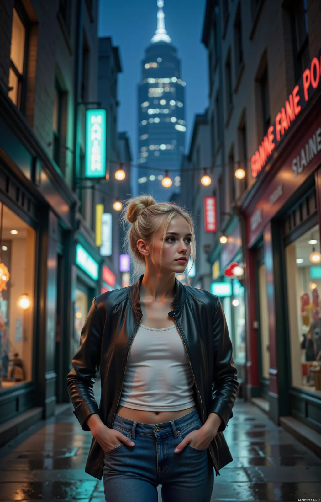 A young woman stands in a dimly lit alleyway at night, wearing a leather jacket and jeans.