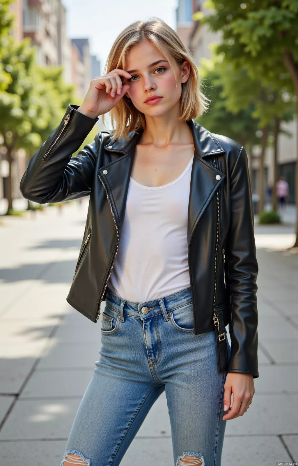 A person wearing a black leather jacket and ripped jeans stands on a sidewalk.