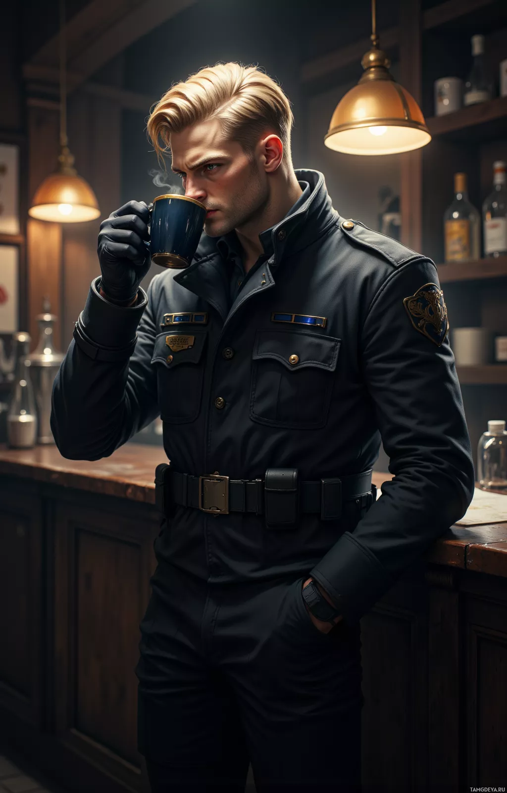 A man in a uniform leans against a bar, holding a cup of coffee.