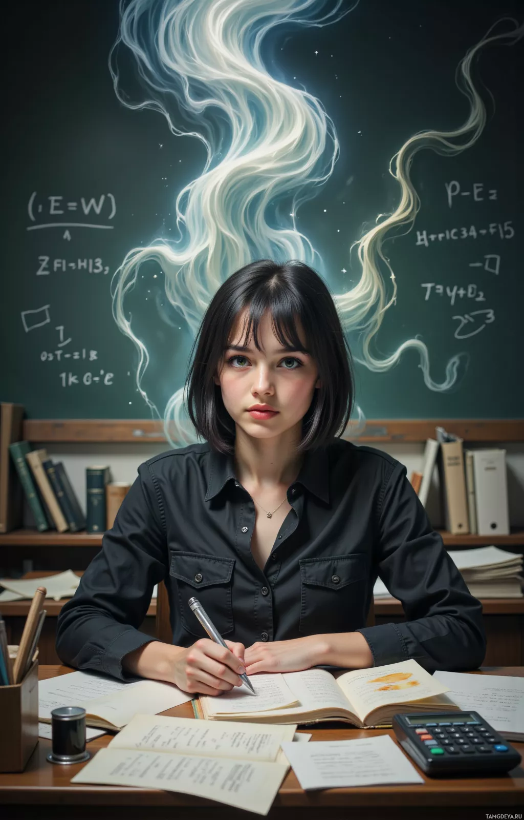 A person sits at a desk with books and a calculator, surrounded by a chalkboard with mathematical equations.