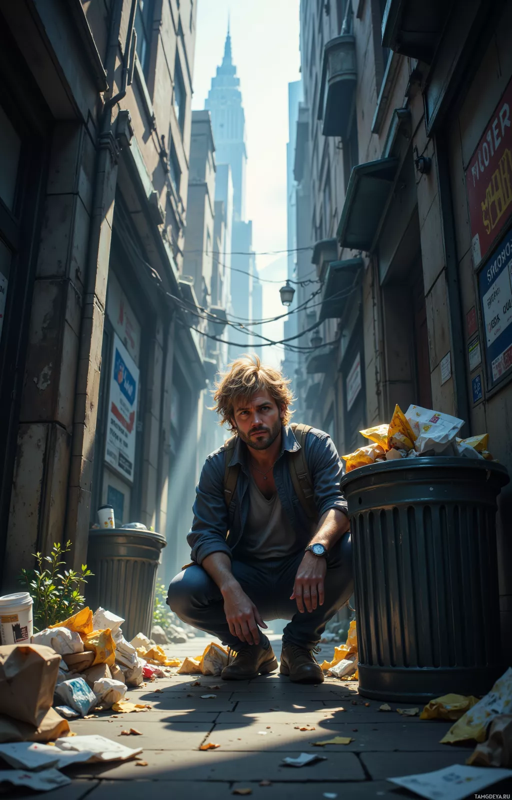A man crouches near a trash can in an alleyway with a tall building in the background.