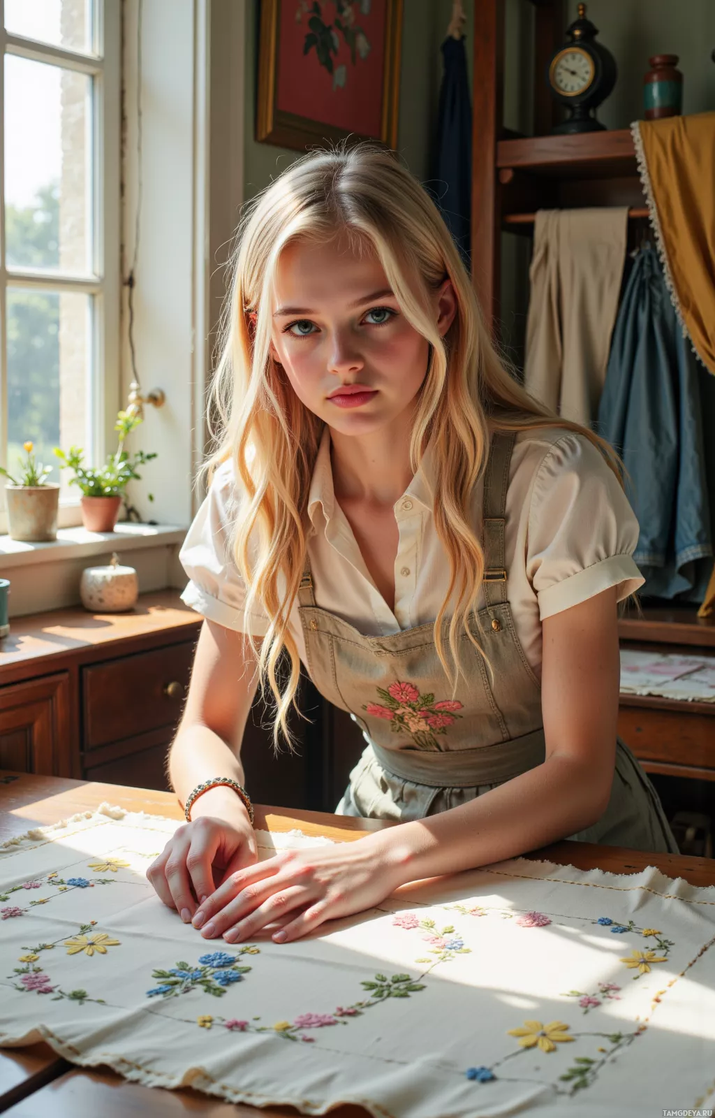 A young woman with long blonde hair sits at a table with a floral embroidered cloth, wearing a beige blouse and green overalls.