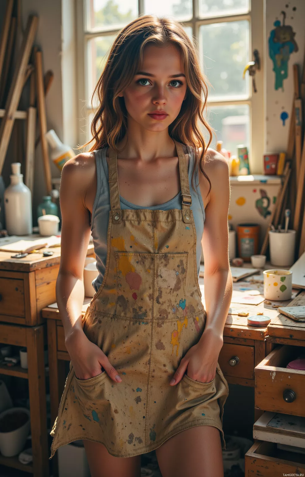 A person wearing an apron with paint splatters stands in a workshop with tools and supplies.