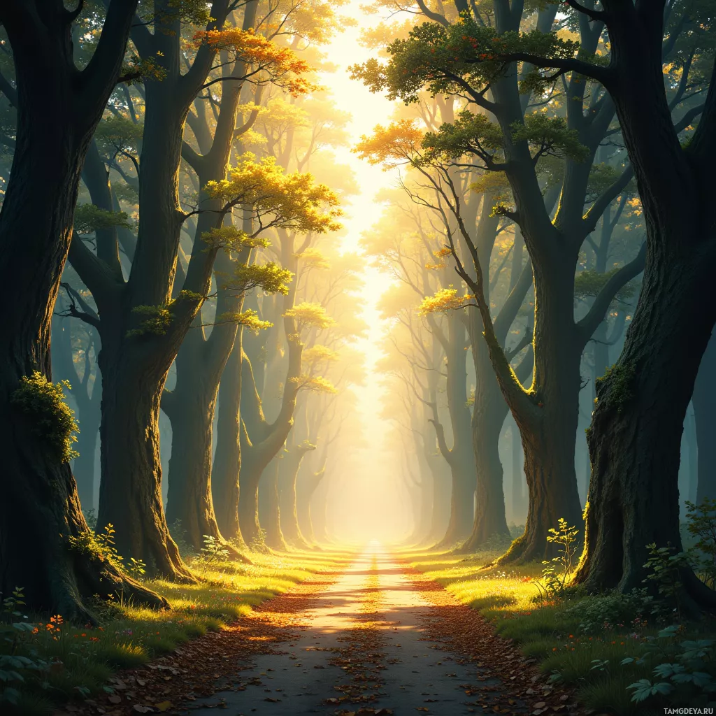 A serene forest path lined with tall trees bathed in golden sunlight.