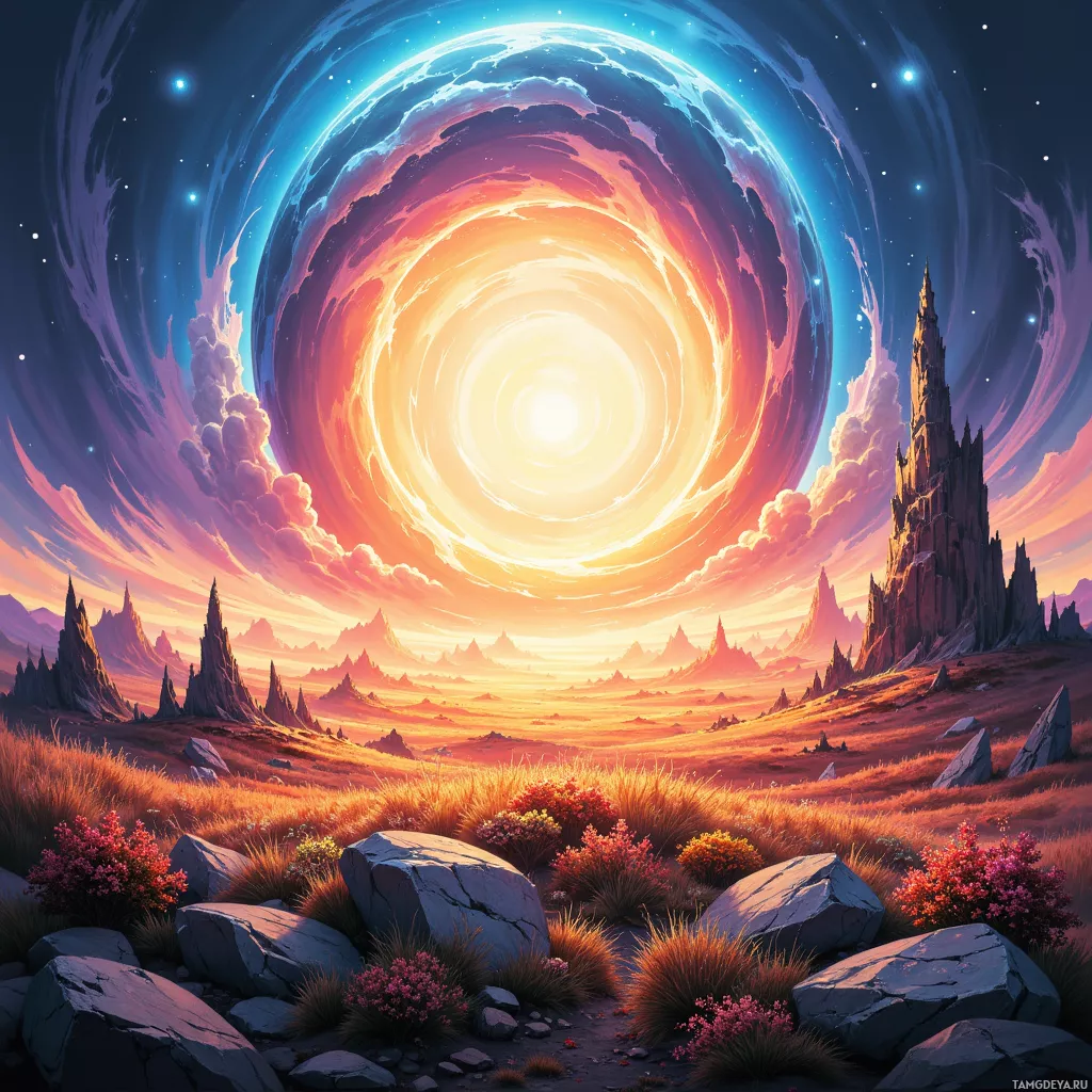 A fantastical landscape featuring a glowing celestial body, rocky terrain, and a towering structure under a starry sky.