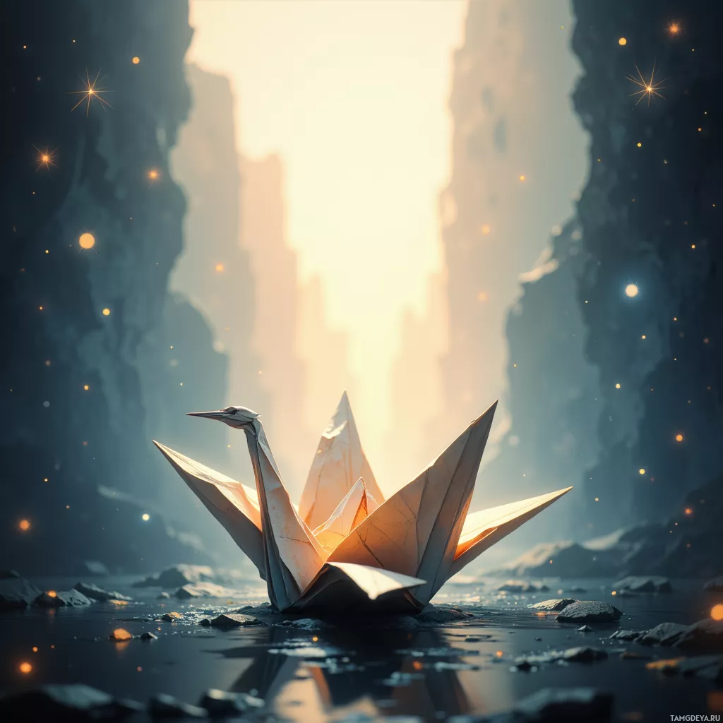 An origami crane floats on a calm body of water, surrounded by towering cliffs and glowing particles.