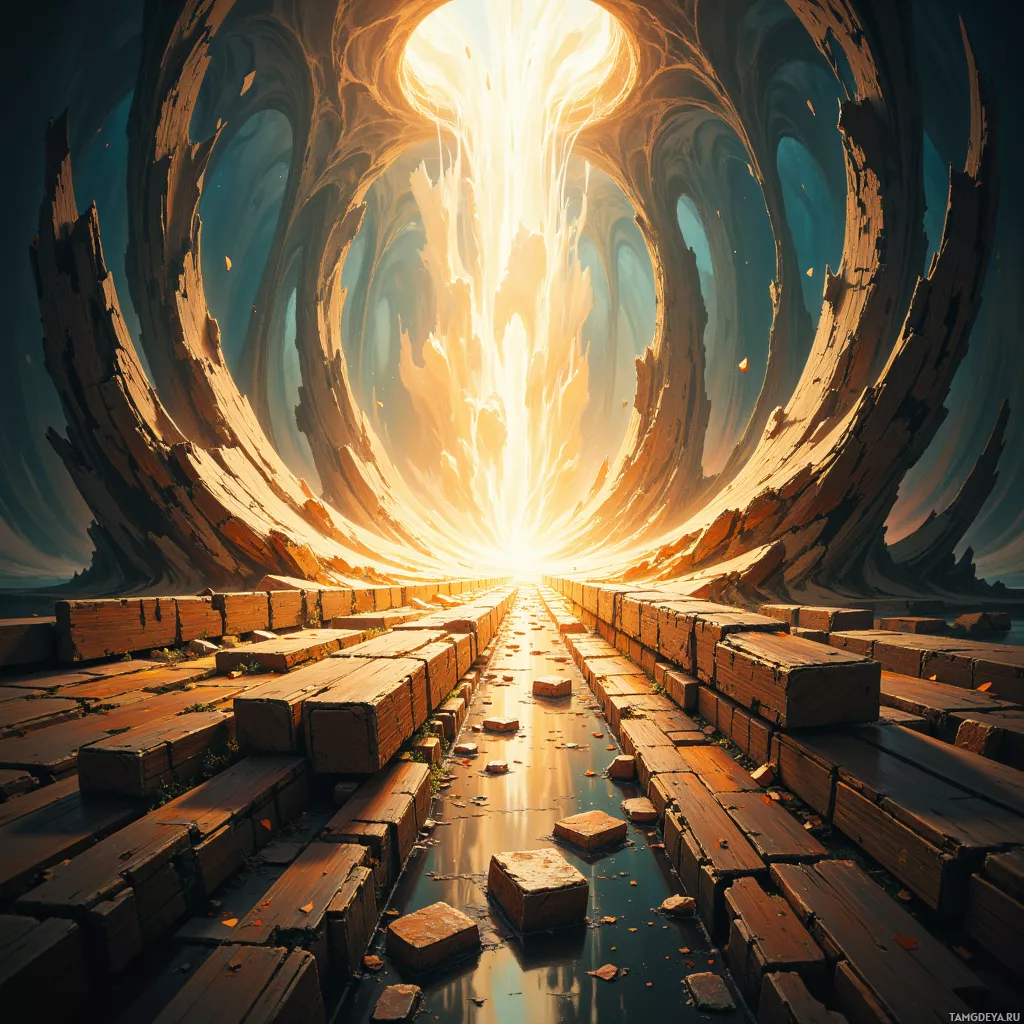 A surreal, glowing tunnel with a path leading towards a bright light at the end.