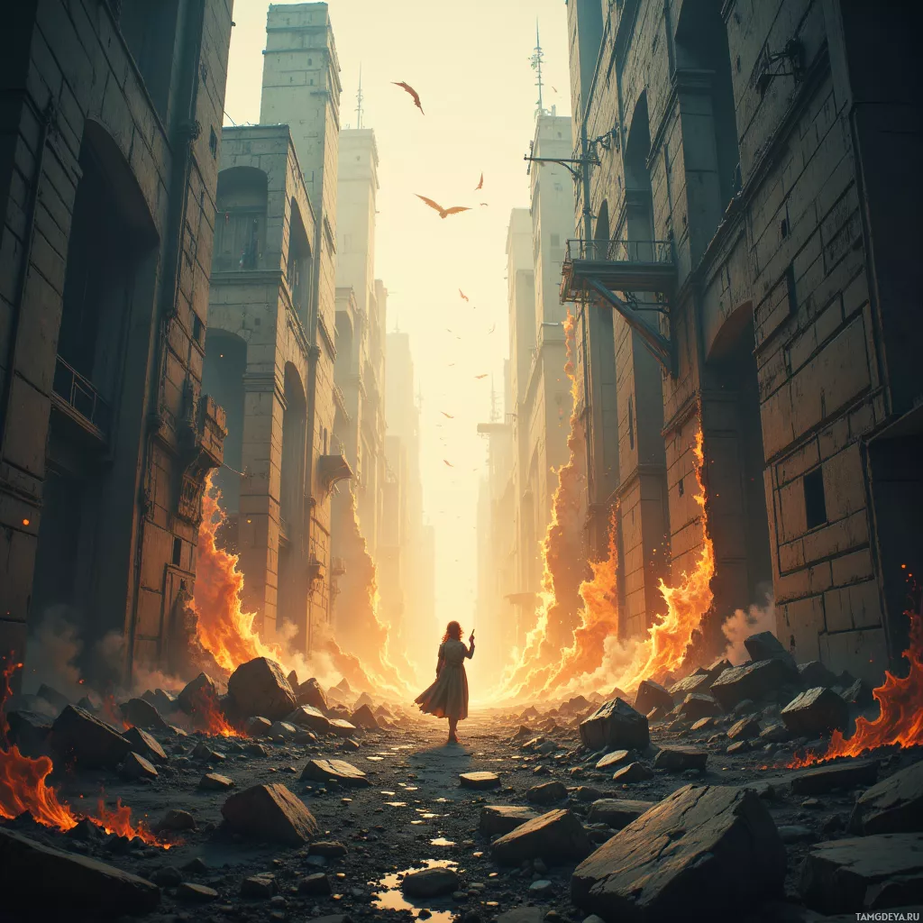 A lone figure stands amidst a desolate, burning cityscape.