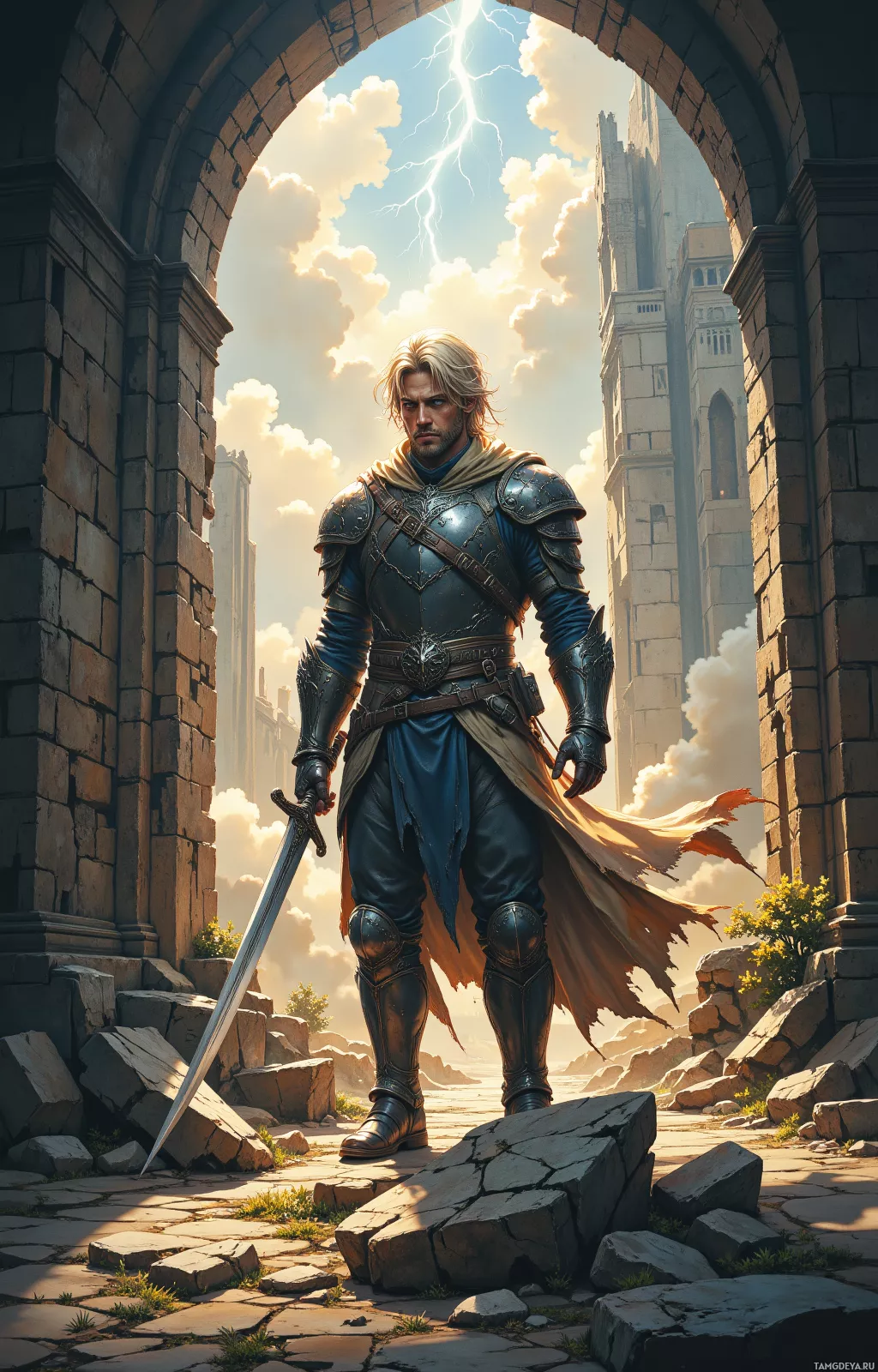 A knight in armor stands in a stone archway under a bright sky with a lightning bolt.