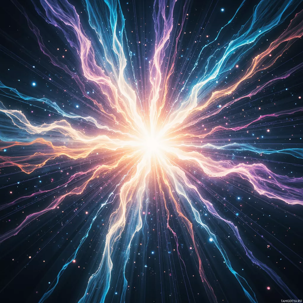 A vibrant cosmic explosion with radiant light and flowing energy streams against a starry background.