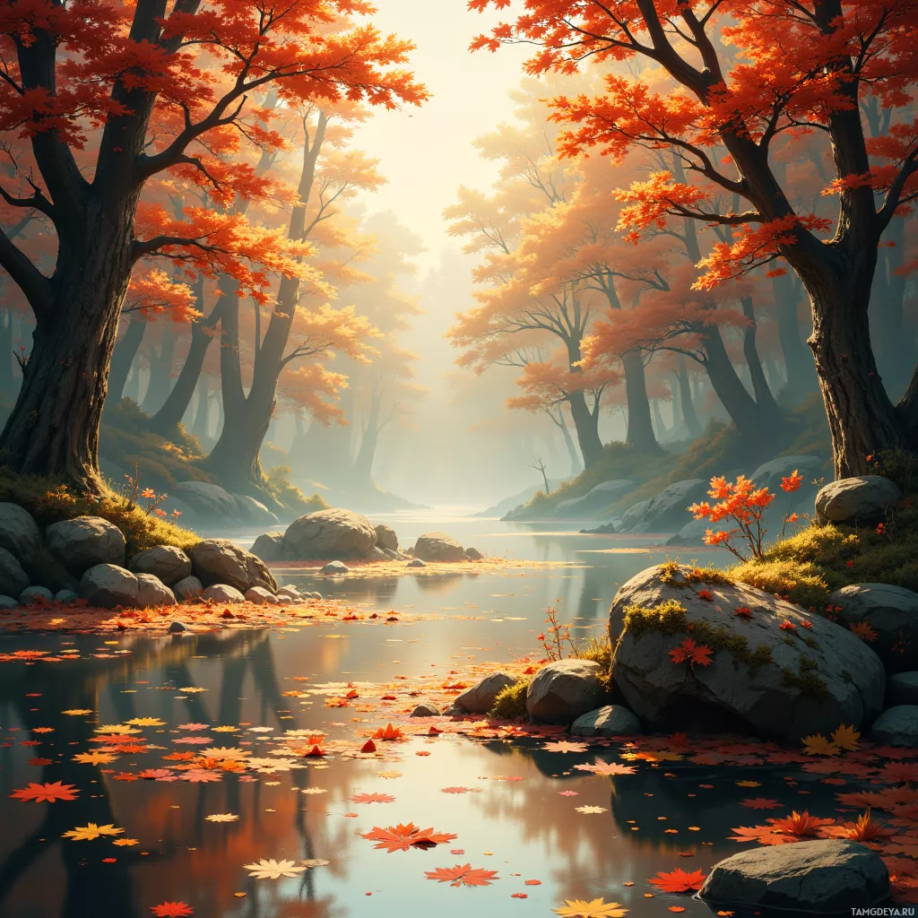 A serene autumn landscape with vibrant orange leaves and a calm river reflecting the trees.