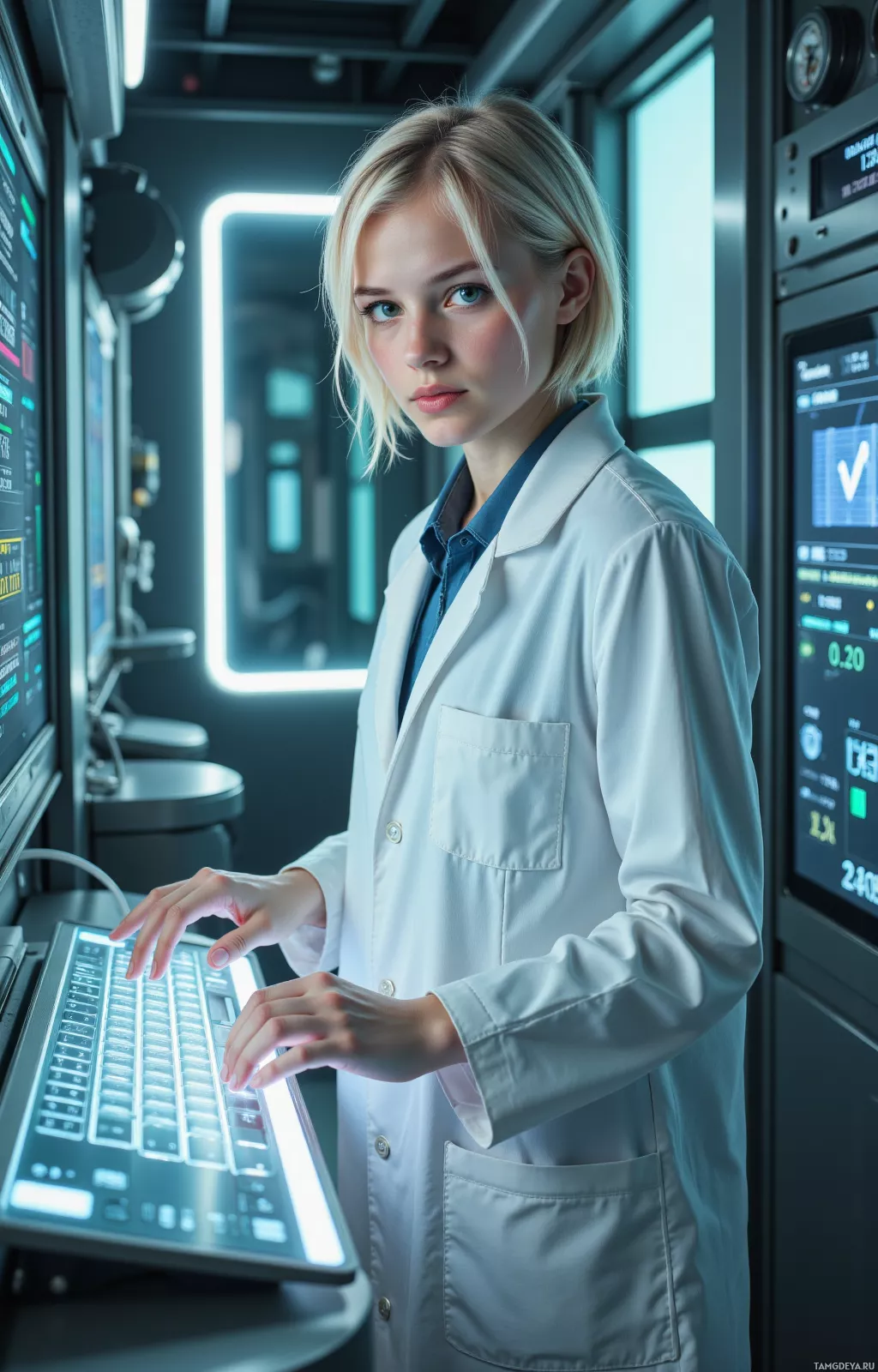 A person in a lab coat is working at a futuristic computer terminal.