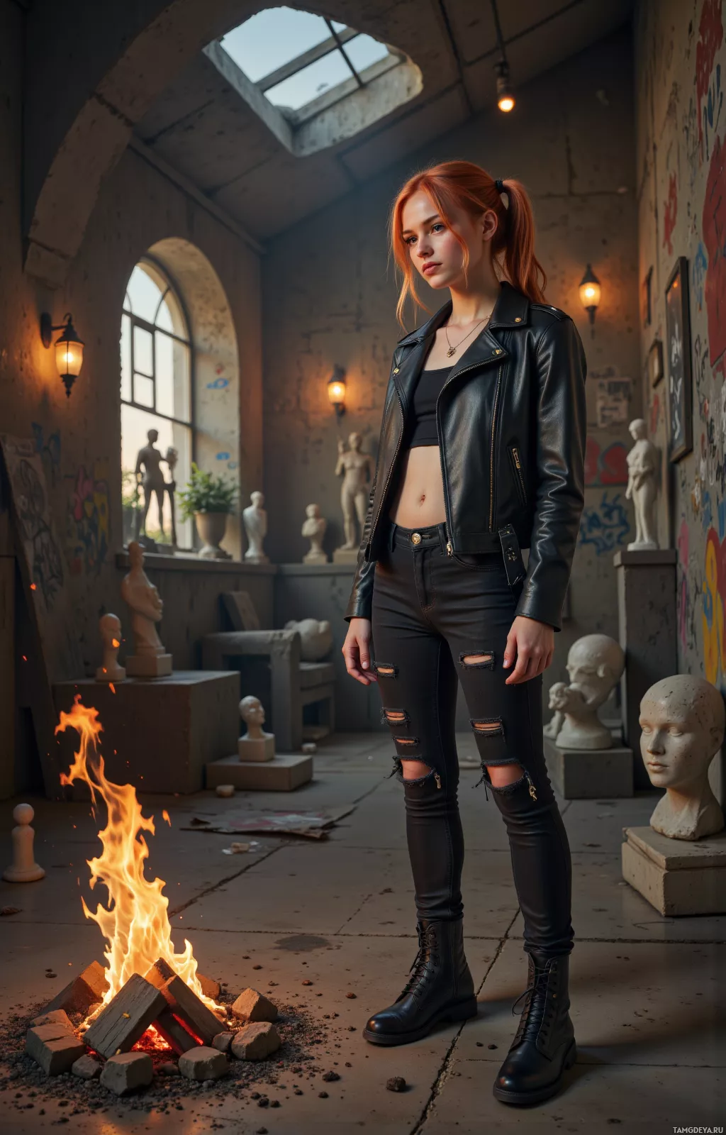 A person stands in a dimly lit room with a fire burning on the floor, surrounded by sculptures and graffiti.