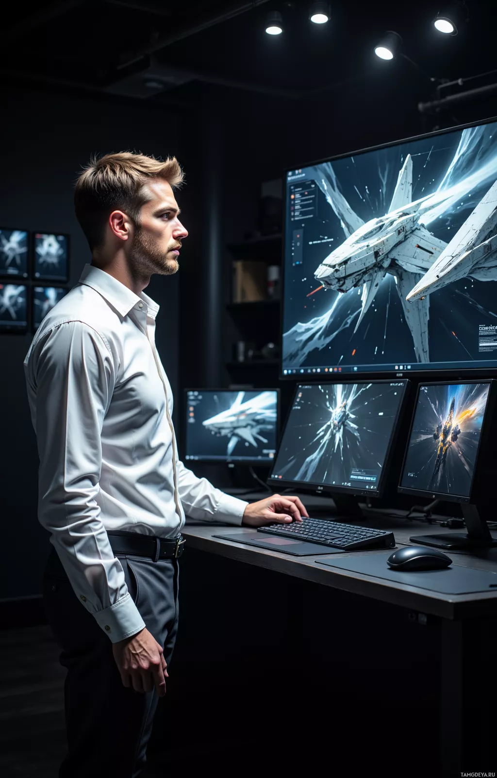 A man stands in a dimly lit room, observing multiple computer monitors displaying futuristic spacecraft designs.