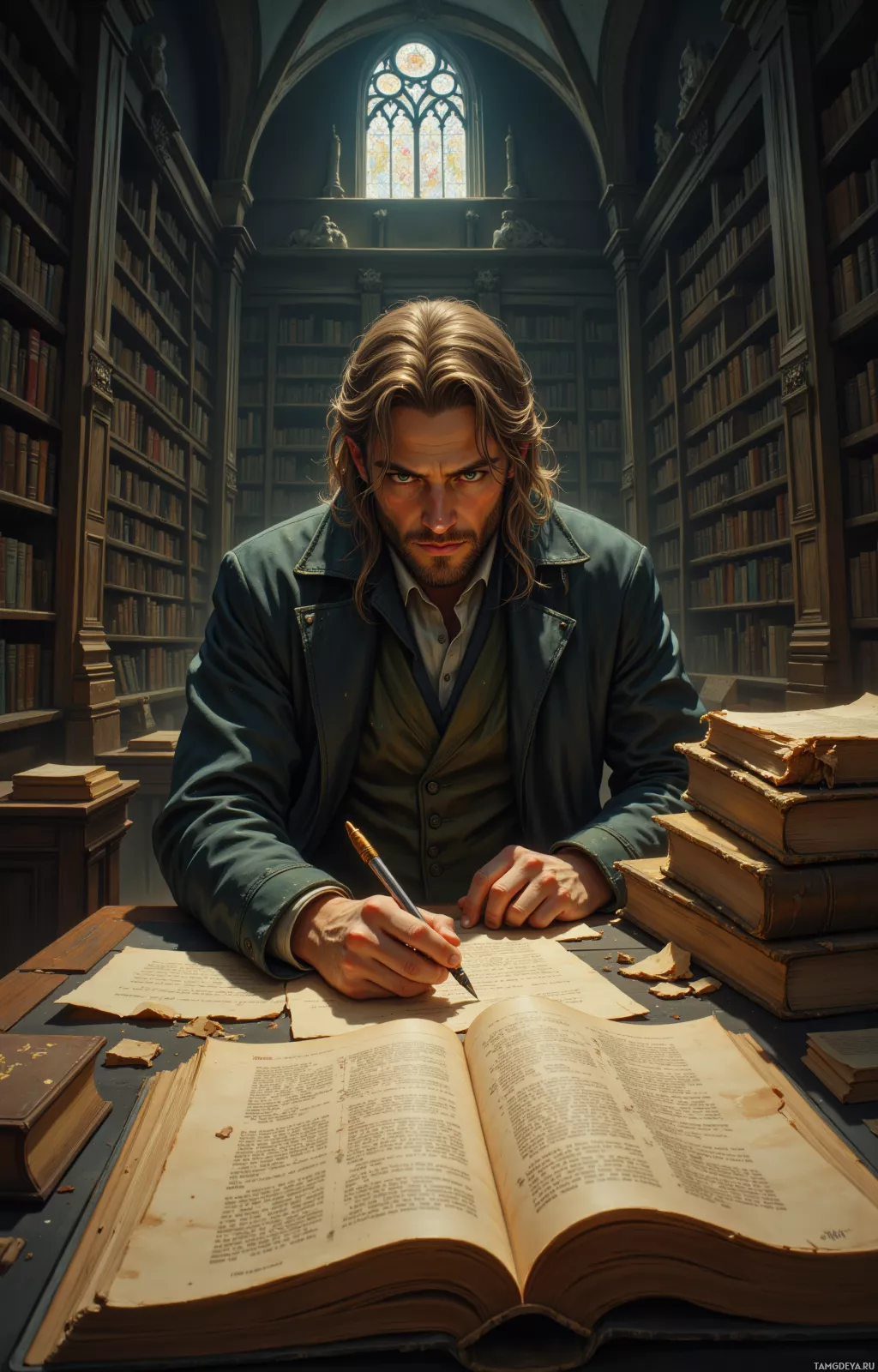 A man sits at a desk in a library, surrounded by books, writing in a notebook.