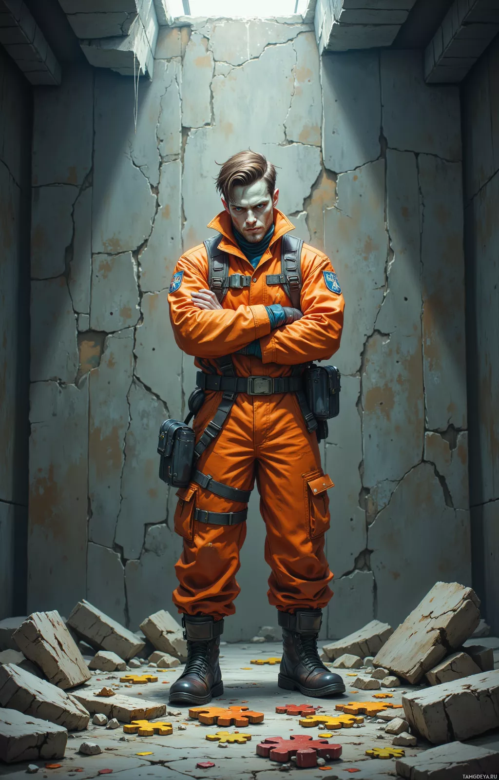 A person in an orange jumpsuit stands in a cracked, dilapidated room with debris scattered on the floor.