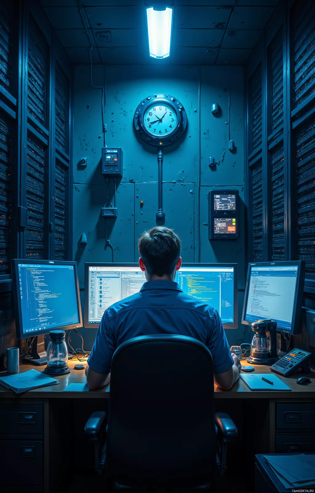 A person works at a desk in a dimly lit room filled with computer servers and monitors displaying code.