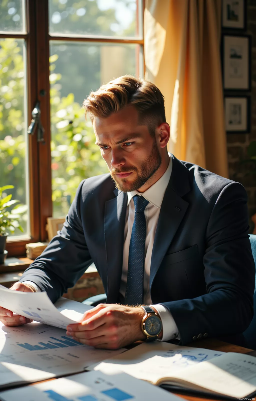 A man in a suit is seated at a desk, reviewing documents.