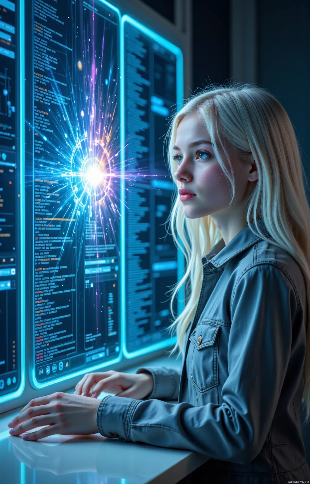 A person stands in front of a futuristic interface with glowing screens displaying data and code.