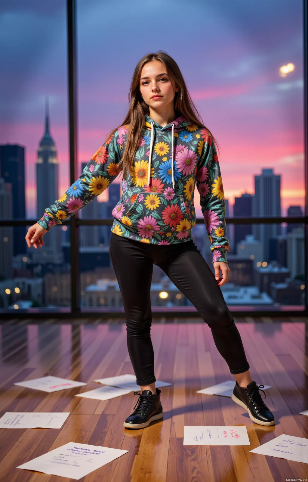 A person stands in front of a cityscape at dusk, wearing a colorful floral hoodie and black pants.