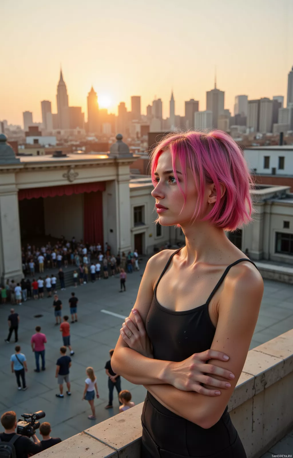 A person with pink hair stands on a rooftop overlooking a cityscape at sunset.