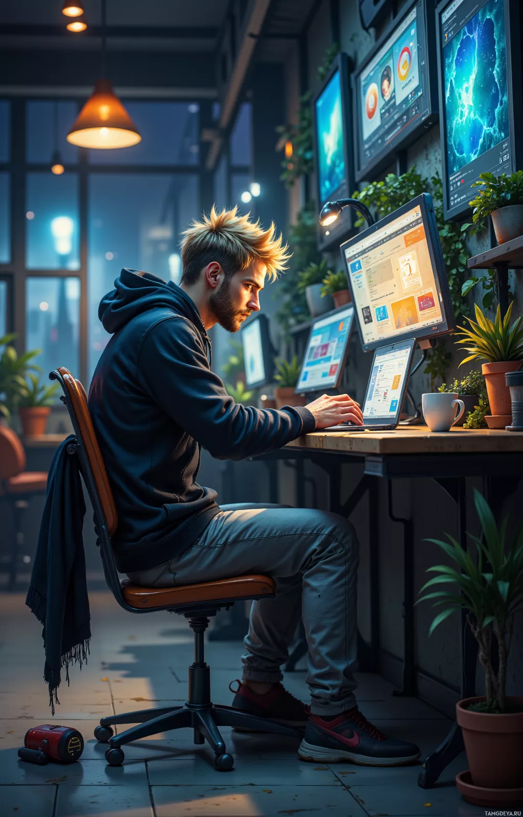 A person is sitting at a desk in a modern workspace, working on a laptop surrounded by multiple monitors and plants.