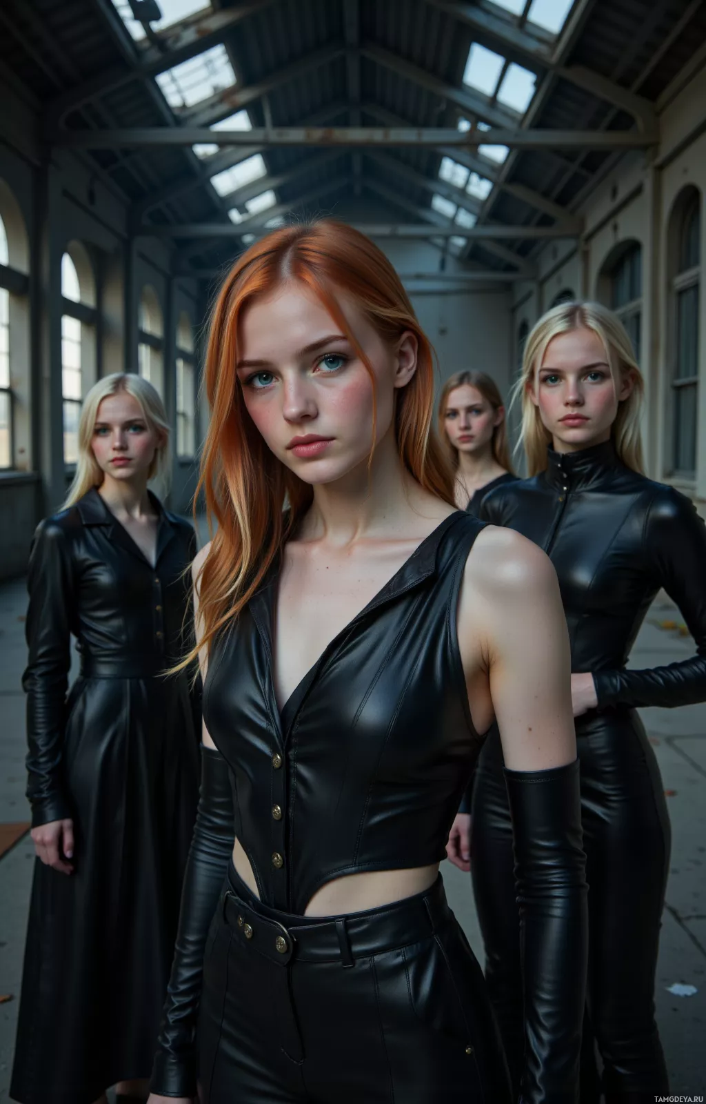 Four individuals in black leather outfits stand in a dimly lit industrial setting.