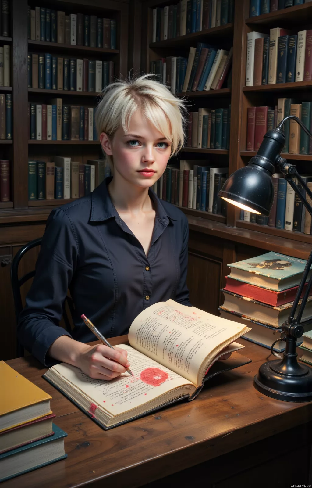 A person sits at a desk in a library, writing in a book with a pen.