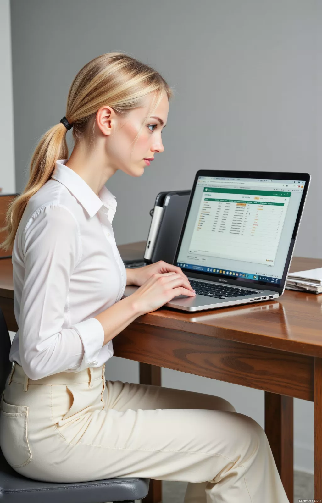 A woman in a white shirt and beige pants is seated at a desk, working on a laptop.