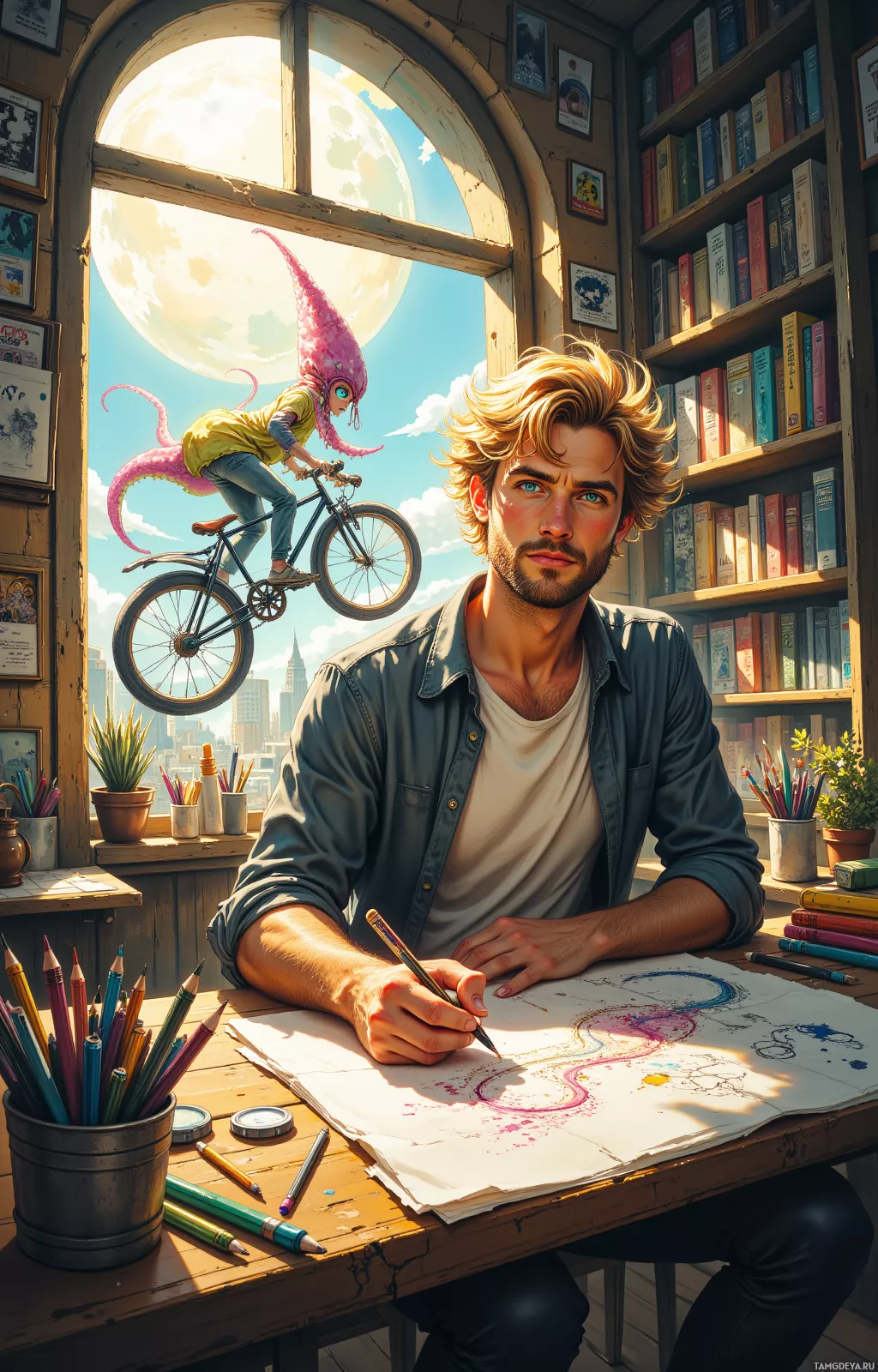 A man sits at a desk in a sunlit room, drawing with a pencil, while a whimsical pink creature rides a bicycle outside the window.