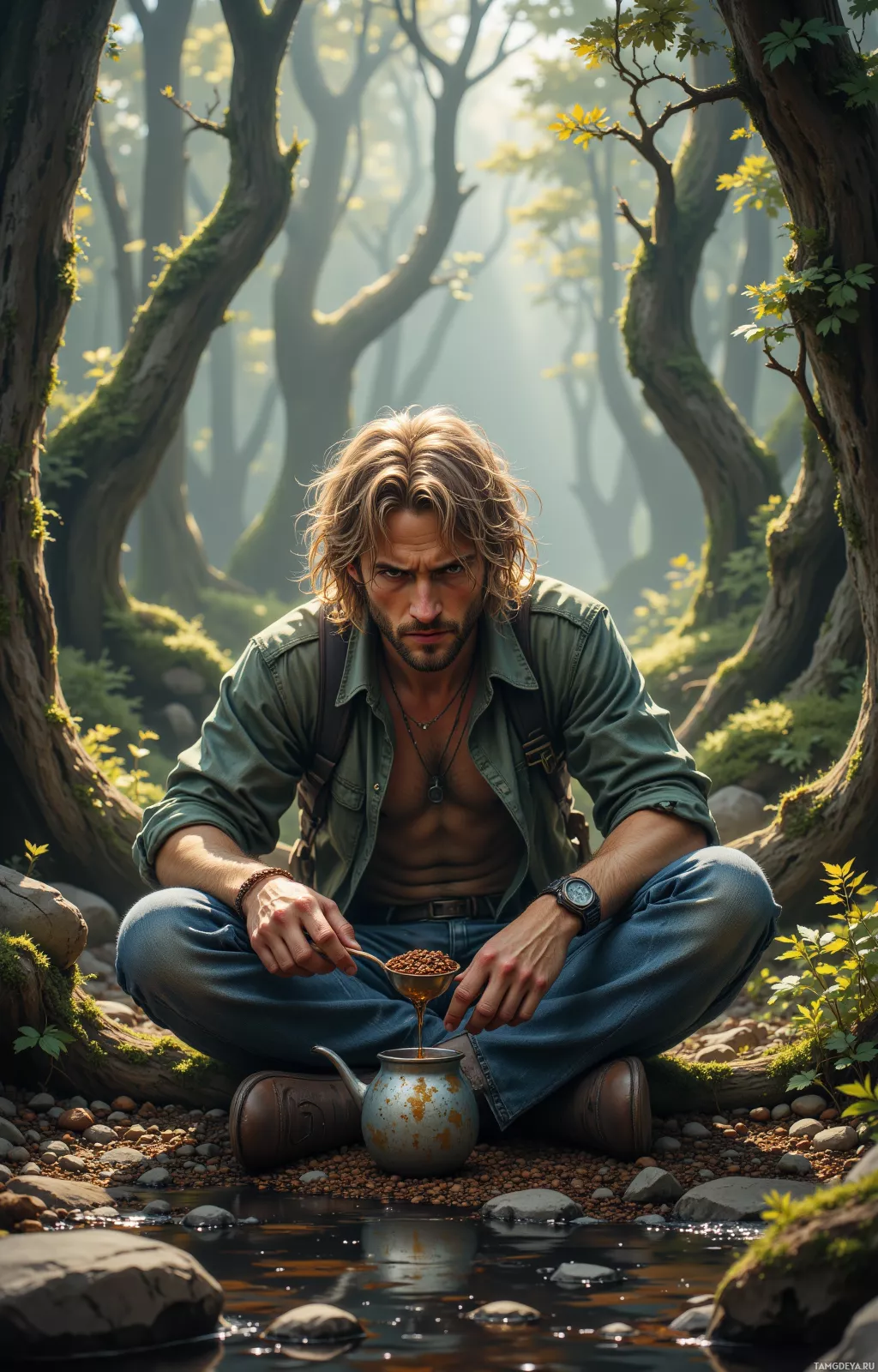 A man sits cross-legged in a forest, pouring tea from a pot into a cup.