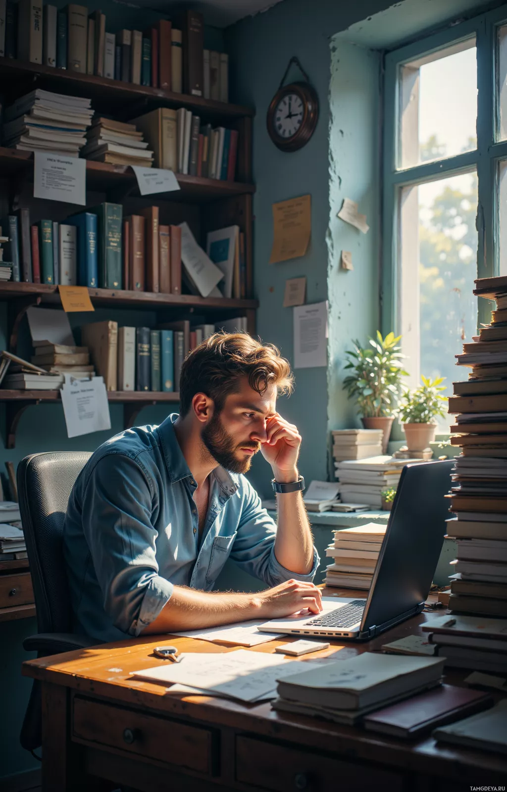 A man sits at a desk in a study, surrounded by books and papers, with sunlight streaming through a window.