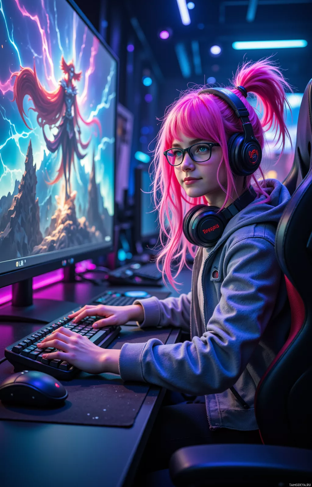 A person with pink hair wearing headphones is seated at a desk with a computer setup, focused on a monitor displaying a fantasy scene.
