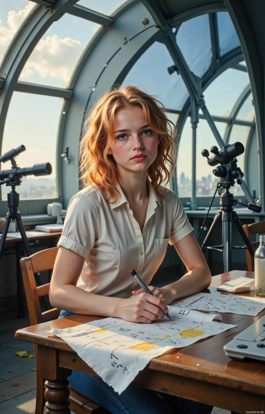 A person sits at a desk in a room with large windows, writing on a piece of paper.