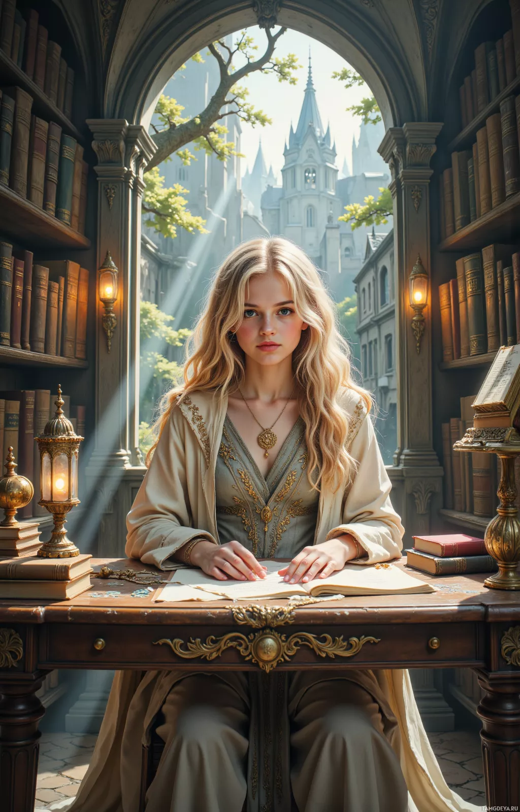 A woman sits at a desk in a library, surrounded by books and illuminated by sunlight streaming through an arched window.