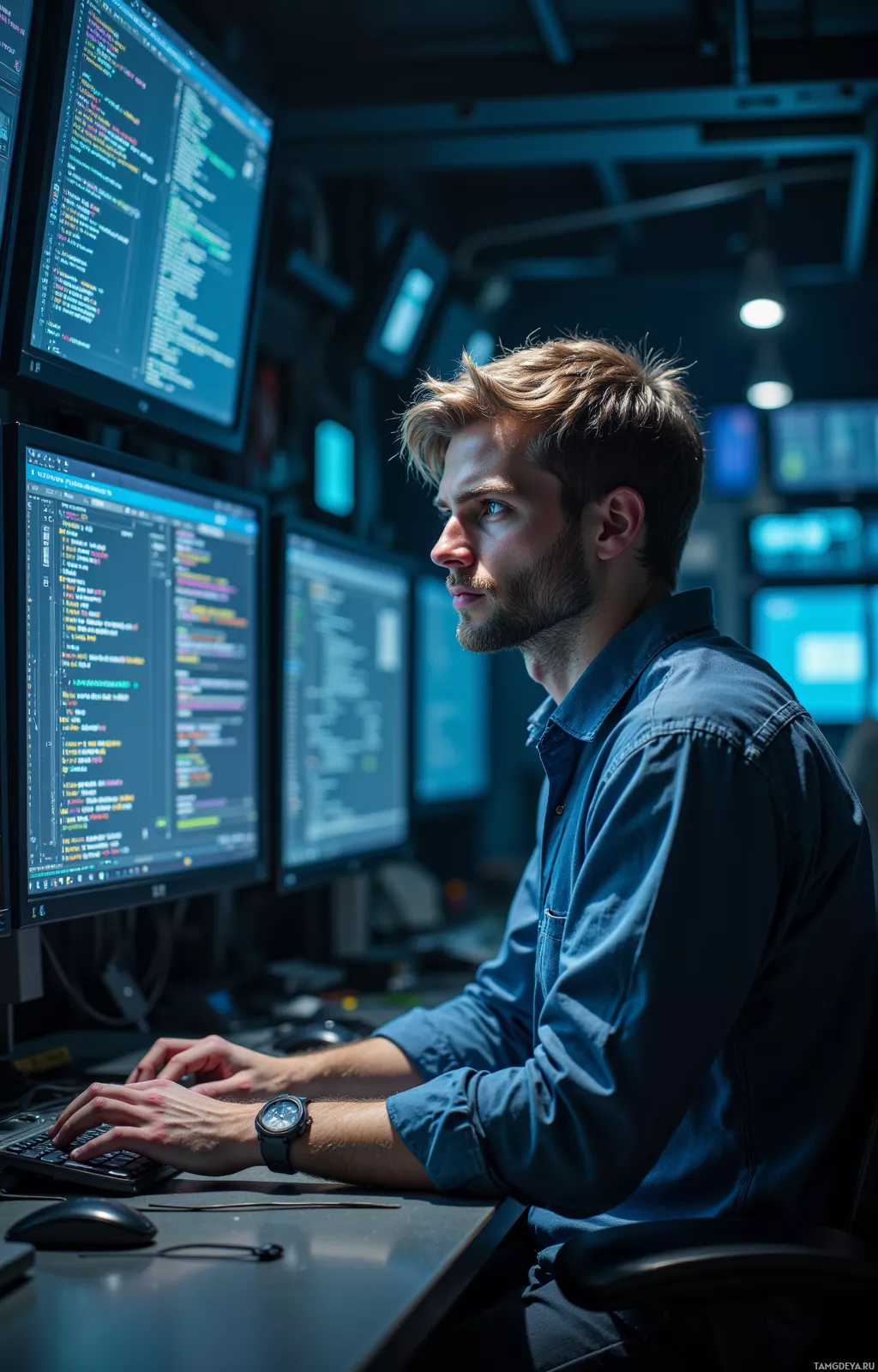 A person is working at a desk with multiple computer monitors displaying code.