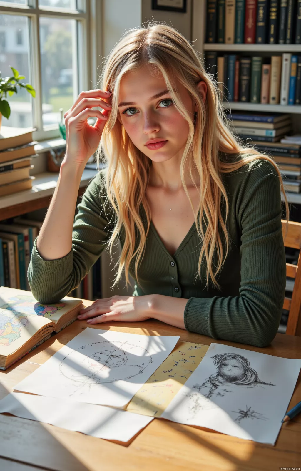 A person with long blonde hair sits at a desk with books and sketches, appearing thoughtful.