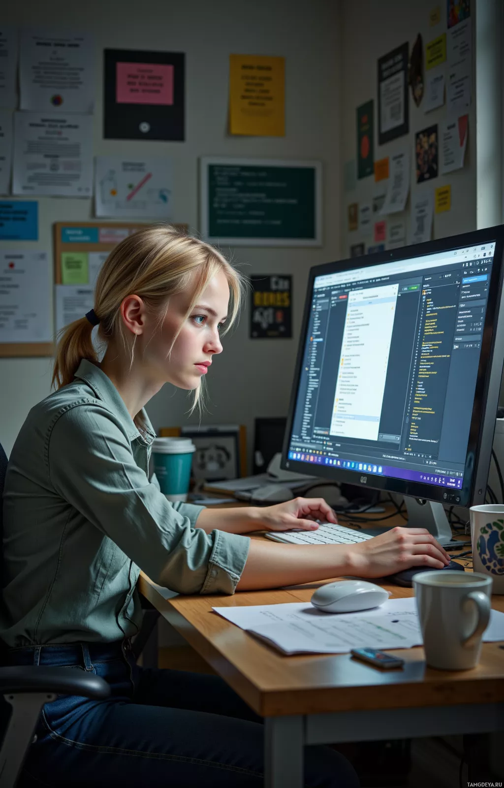 A person is working at a desk with a computer, surrounded by various documents and notes on the wall.