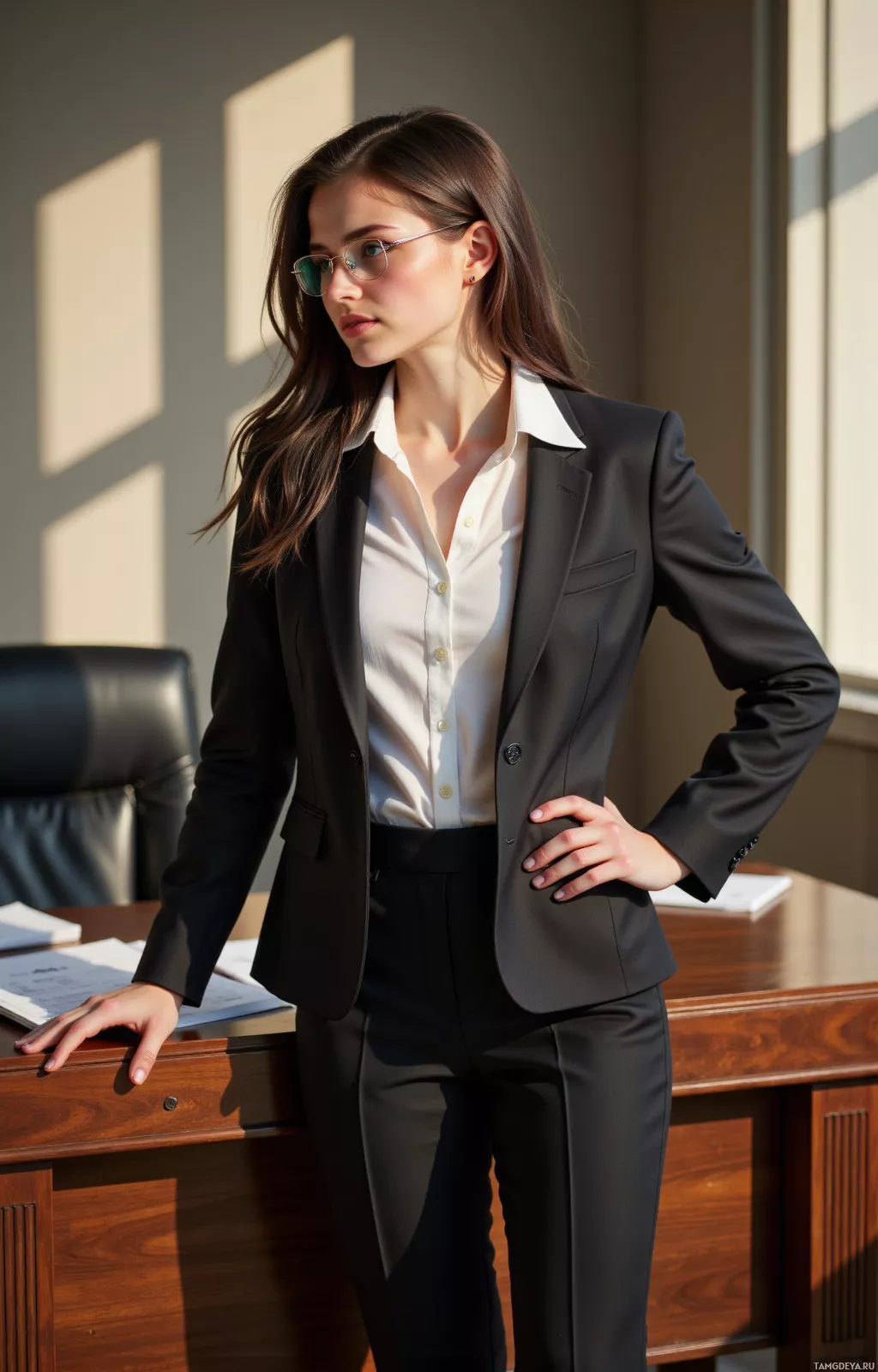A woman in a professional black suit and white shirt stands confidently in an office setting.