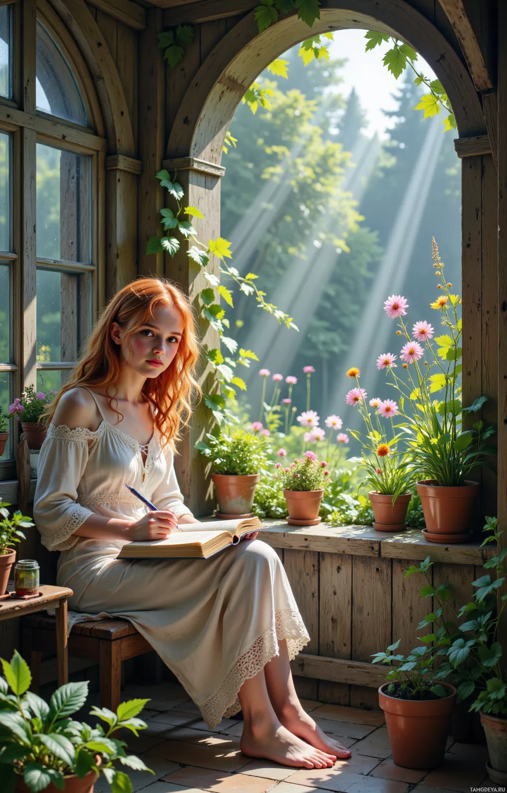 A woman sits on a bench in a sunlit garden, writing in a notebook.
