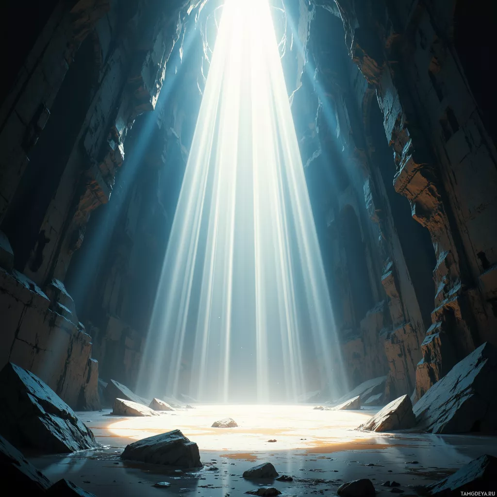 A sunlit cave with beams of light streaming through the rocky walls.