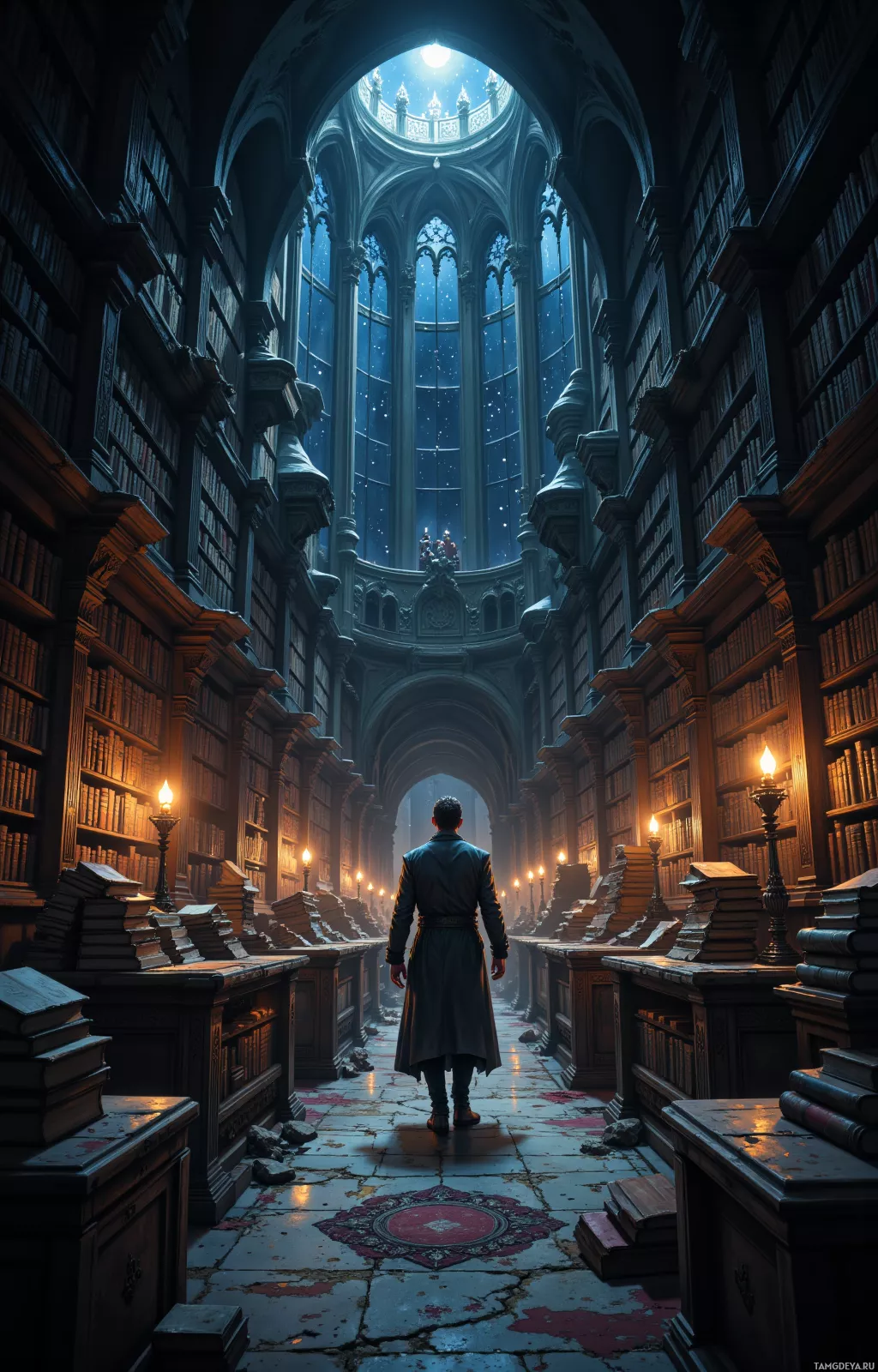A person stands in a grand, dimly lit library with towering bookshelves and a high, arched ceiling illuminated by a celestial light.