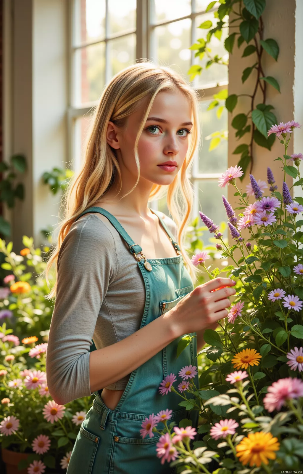 A young woman in a garden, surrounded by flowers and greenery.