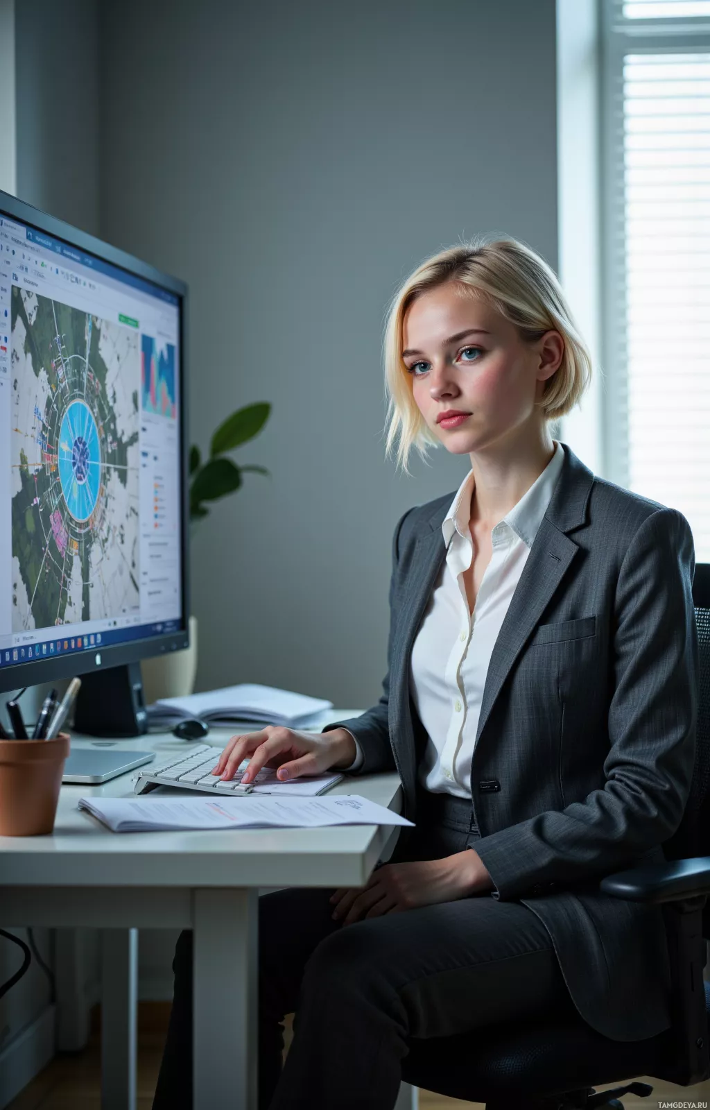 A woman in a professional suit sits at a desk with a computer, appearing focused.