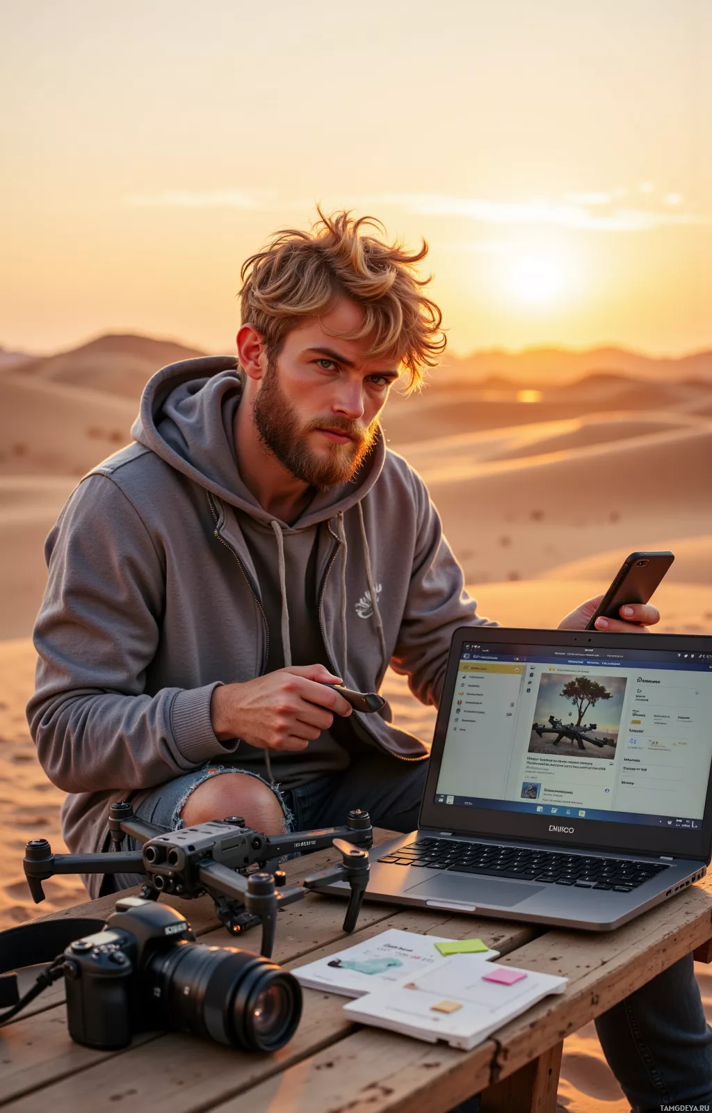 A person in a desert setting uses a laptop and camera, with a drone and other equipment on a table.